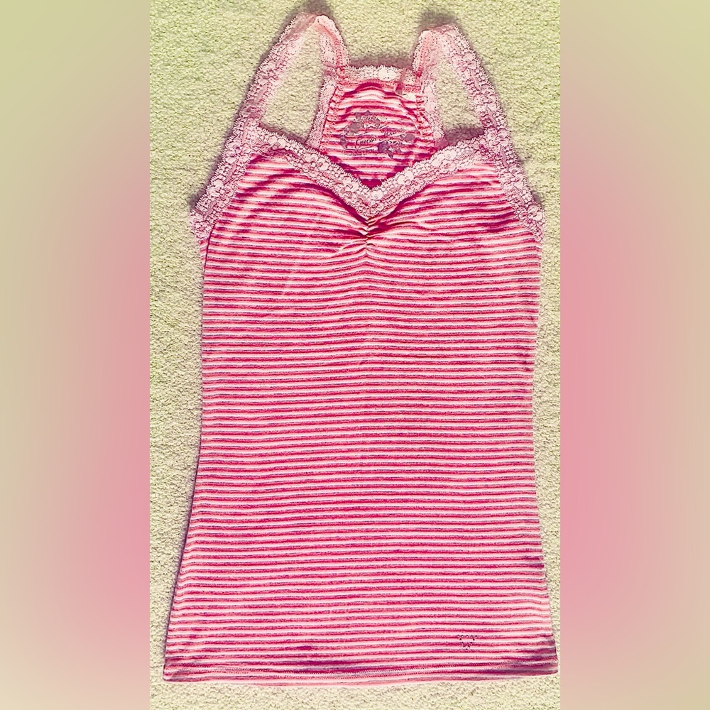 GUESS JEANS Lacey Straps & Trim. Tank is Pink/Peach/White Stripes (Small) *NEW🩷*